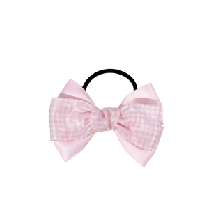Sweet pink plaid bow hair tie with premium satin texture and black elastic band on white background