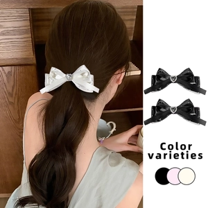 Elegant bow hair clip with heart rhinestone in white, pink and black colors