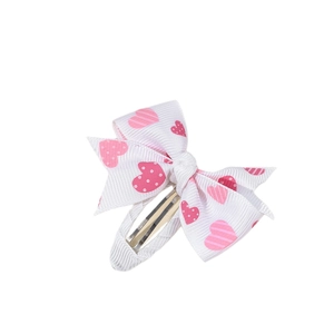 Sweet double-layered white bow hair clip with pink heart patterns for girls