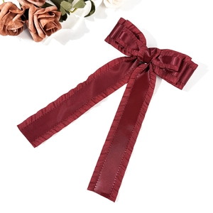 Barrette à cheveux élégante rouge vin avec nœud à volants et longs rubans en satin