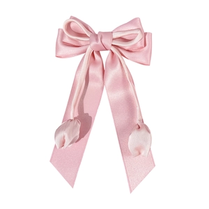 Pince à cheveux élégante en soie rose avec longs rubans et breloques de tulipes pour femmes