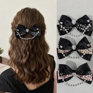 Pince à Cheveux Nœud Imprimé Léopard Avec Strass Cœur Chaîne Künstliche Perles Satin Rétro Mode Accessoire Cheveux Pour Femmes