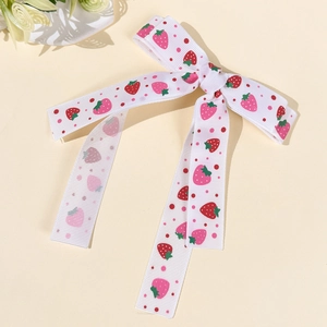 Nœud pour cheveux en ruban gros-grain blanc avec imprimés fraises et motifs à pois