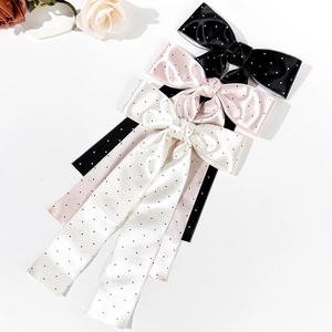 French Elegant Polka Dot Bow Hair Clip Satin Long Streamer Ribbon Hairpin Sweet Vintage Styling Accessory For Women