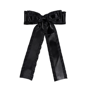 Barrette à cheveux élégante en satin noir avec nœud à volants et longs rubans soyeux