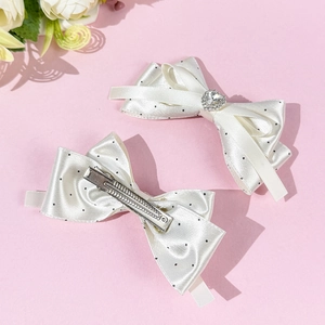 Polka dot bow hair clips with heart rhinestone and metal alligator grip for women