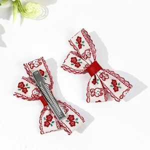 Ethno-Haarspangen mit Kaninchen-Blumen-Stickerei und roter Spitze für Mädchen