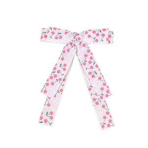 Barrette à nœud blanc avec imprimé cerise rose et longs rubans pour filles