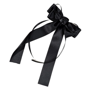 Serre-tête en satin noir élégant avec nœud géant, rose et rubans longs pendants