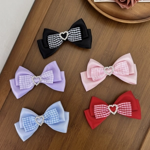 Preppy Style Ribbon Bow Hair Clip For Women Girls Plaid Heart Rhinestone Sweet Lolita Duckbill Clip Hair Accessories