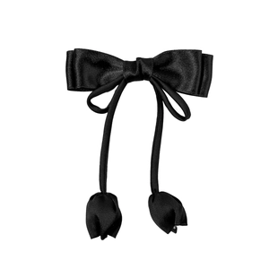 Barrette à cheveux élégante en satin noir avec nœud et pendentifs tulipes suspendus