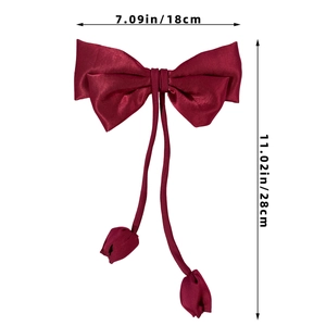 Detailed view of wine red satin bow hair clip with tulip tassels and size measurements