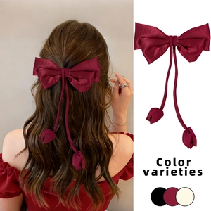 Elegant Satin Big Bow Hair Clip With Long Streamers Tulip Pendant French Vintage Spring Clip Hair Accessory For Women