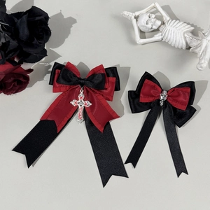 Gothic Dark Red Black Satin Bow Hair Clips With Metal Skull Cross Pendant Punk Lolita Hair Accessories For Halloween Women