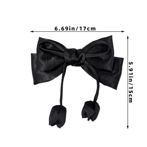 Detailed size specifications for the black satin bow hair clip with tulip tassels