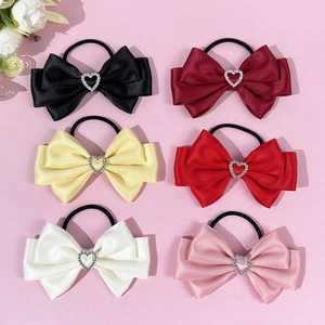 Balletcore Satin Ribbon Bow Hair Tie With Rhinestone Heart Sweet Elastic Hair Rope Ponytail Holder For Women Girls Hair Accessories