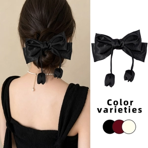 Elegant black satin bow hair clip with tulip tassels in black, wine red, and beige colors