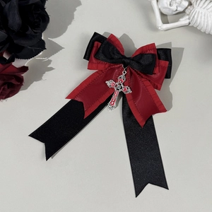 Gothic black and red ribbon bow hair clip with silver cross pendant in dark lolita style