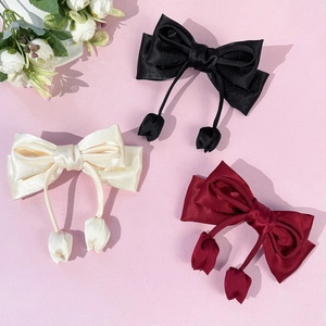 Vintage Satin Bow Hair Clip For Women Elegant Handmade Large Ribbon Bowknot With Tulip Pendant Tassel Hair Accessories