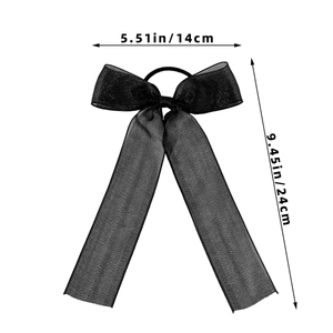 Detail view of large mesh bow hair tie with streamers showing 14cm width and 24cm length