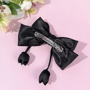 Elegant black satin bow hair clip featuring tulip pendants and silver metal spring clip