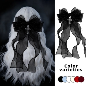 Pince à cheveux nœud Lolita gothique en organza avec pendentifs croix argentés
