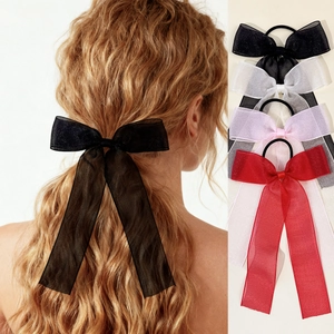 Elegant Mesh Bow Hair Tie With Long Streamers Solid Color Sweet Scrunchie For Women Girls Daily Handmade Hair Accessories