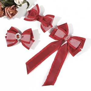 Barrette Nœud Rouge Motif Pied-de-Poule Pendentif Strass Élégante Épingle à Cheveux en Ruban de Satin Femme Doux