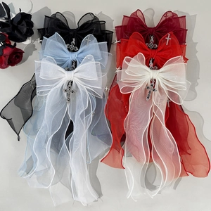 Pince à Cheveux Nœud Papillon en Maille Gothic Lolita Avec Pendentif Croix en Métal Style Sombre Ruban Long