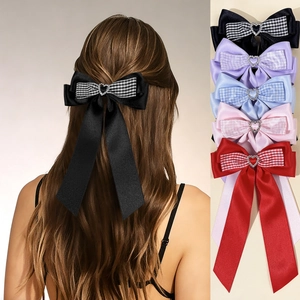 Pince à Cheveux Nœud en Ruban Satin Cœur Strass Carreaux pour Femmes Style Coréen Pince Bec de Canard Accessoires Cheveux