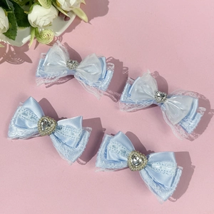 Sweet Light Blue Lace Bow Hair Clip With Heart Rhinestone Artificial Pearl Ribbon Princess Lolita Side Clip For Women Girls