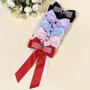 Barrettes à cheveux à carreaux avec strass en forme de cœur et rubans en satin