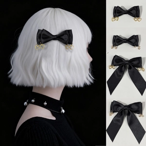 Gothic Black Satin Bow Hair Clip With Golden Heart Star Metal Pendant Handmade Ribbon Duckbill Clip Women Hair Accessory