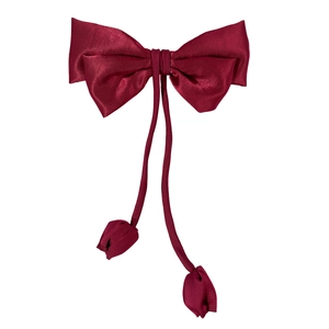 Elegant wine red satin bow hair clip with long ribbons and floral accents for women