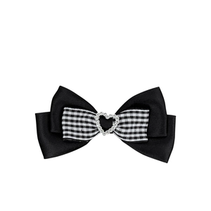 Japanese style plaid bow hair clip with heart rhinestone on white background