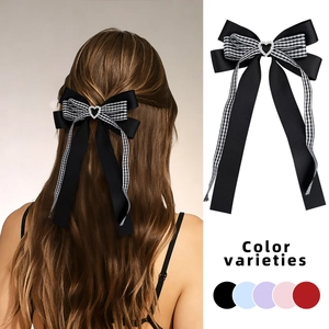 Pince à cheveux noeud avec coeur cristal, rubans à carreaux noir, bleu, violet, rose, rouge