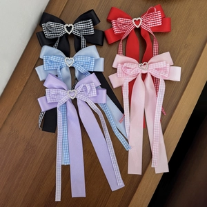 Pince à Cheveux Nœud Papillon Style Britannique à Carreaux Cœur en Strass avec Longs Rubans Accessoires de Mode pour Femmes