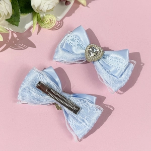 Sweet blue lace bow hair clips with heart rhinestone and pearl center for women