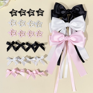 Schleifen-Haarspangen-Set mit Sternen-Clips und langen Satinbändern in Rosa Weiß Schwarz