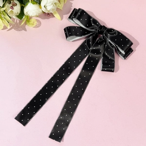 Barrette nœud à pois élégante avec rubans longs et finition satinée pour femme