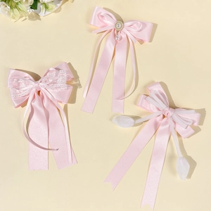 Rosa Satin Schleife Haarclip Mit Langen Bändern Spitze Netzperle Anhänger Süß Entenschnabel Clip Damen Party Haarschmuck