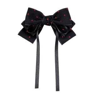 Elegant black multi-layer bow hair clip with red polka dots and long silk streamers