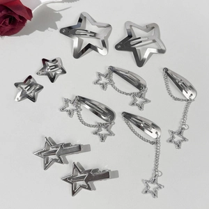 Silver Alloy Hollow Star Hair Clips Set Y2K Cool Girl Style Pentagram Chain Star Pendant Hair Accessories For Women Jewelry