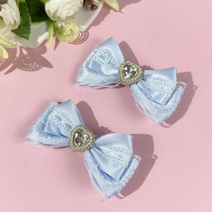 Blue lace bow hair clips with rhinestone hearts and pearls for sweet princess style