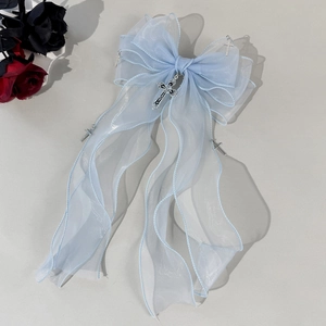 Détail du nœud papillon en organza bleu clair avec croix gothique et longs rubans