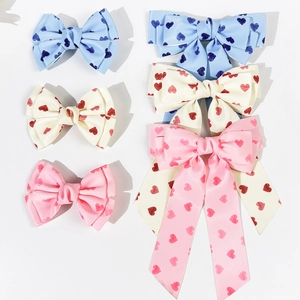 Sweet Heart Print Bow Hair Clip For Women Girls Satin Ribbon Large Bowknot With Long Streamer Princess Hair Accessories