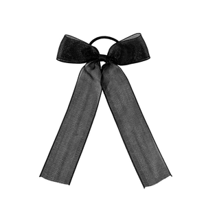 Elegant black mesh bow hair scrunchie with long translucent organza ribbons for women