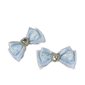 Blue lace ribbon hair clips with heart rhinestone for sweet princess style accessories