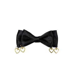 Gothic style black satin bow hair clip with four gold heart-shaped metal pendants