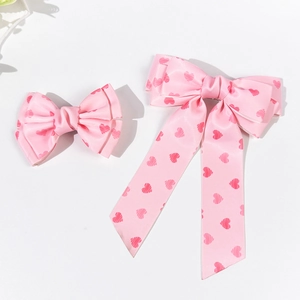 Pink satin bow hair clips set with red heart pattern for sweet princess style